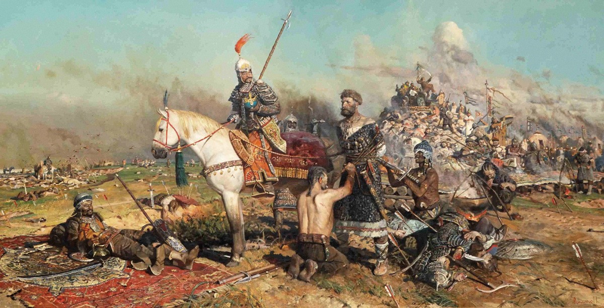 الجنرالان المغوليات (سوبوتاي) و(جيبي) يستريحان بعد نصرهما، بينما يقف بين أيديهما اليقائد (مستيسلاف الثالث).
