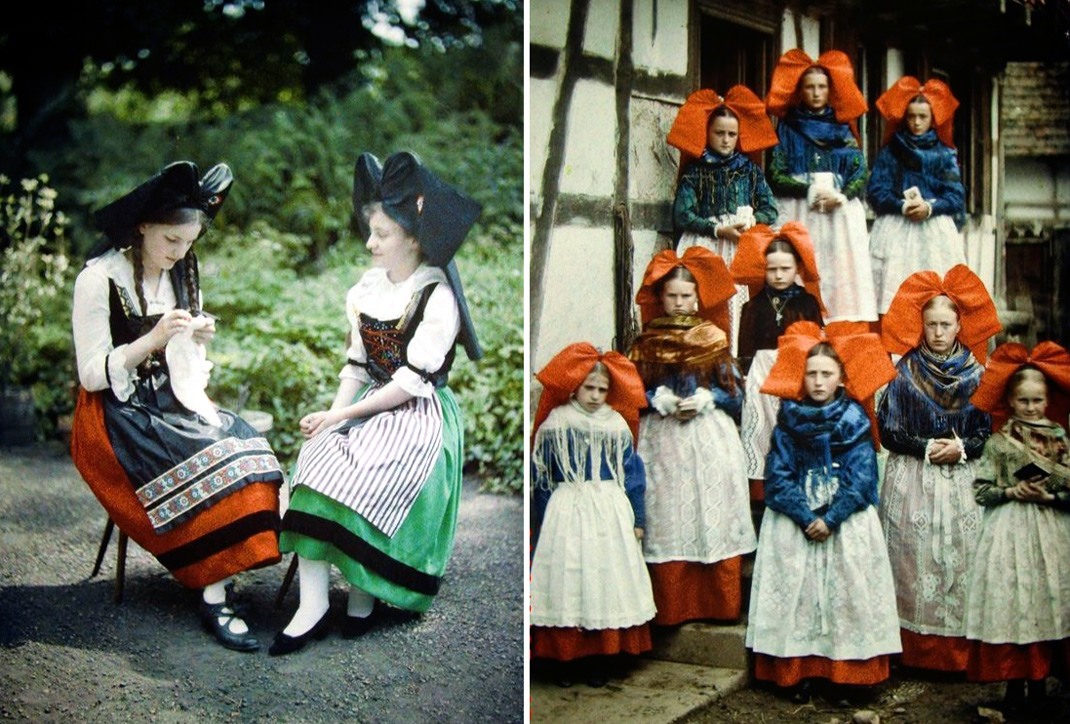 صورتين ملونتين تظهران الزي التقليدي الذي كانت ترتديه الفتياة الصغيرات والنساء في إقليم الألزاس، مسقط رأس (ألبرت كان).