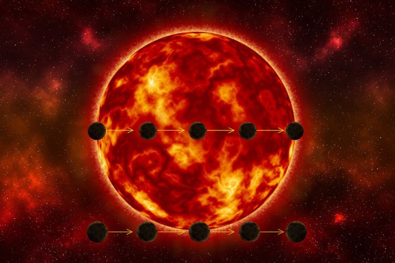 This diagram compares two scenarios for how an Earth-sized exoplanet is passing in front of its host star. The bottom path shows the planet just grazing the star. Studying the light from such a transit could lead to an inaccurate estimate of the planet’s size, making it seem smaller than it really is. The top path shows the optimum geometry, where the planet transits the full disk of the star. Hubble Space Telescope’s accuracy can distinguish between these two scenarios, yielding a precise measurement of the planet’s diameter. [Image description: A red giant star is in the centre of the image. An exoplanet passing in front of the star (called a transit) is shown in silhouette in a number of steps from left to right. A similar linear trajectory is shown at the bottom of the image. It is called a grazing transit rather than a full transit because it just clips the bottom of the star. This is considered a less accurate observing geometry in estimating the planet’s size. Hubble’s accuracy can distinguish between these two scenarios, yielding a precise measurement of the planet’s diameter.] Credit: NASA, ESA, E. Wheatley (STScI)